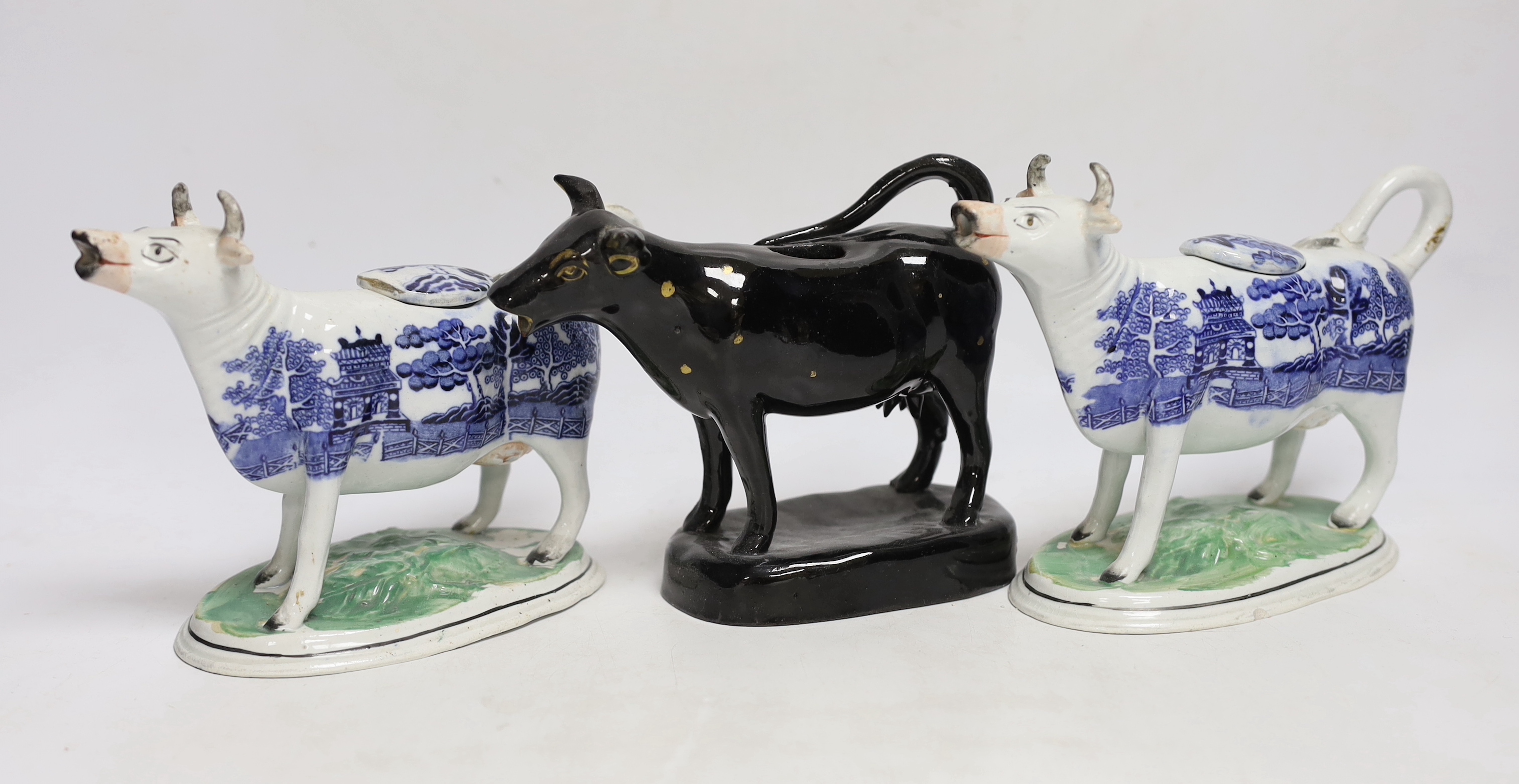 Five 19th century Staffordshire cow creamers, largest 18cm wide